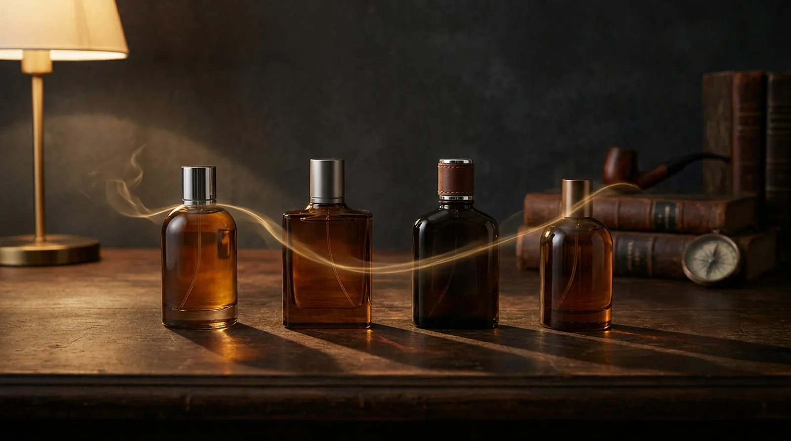 Varias botellas de perfume sobre una mesa de madera oscura unidas por un hilo dorado de luz