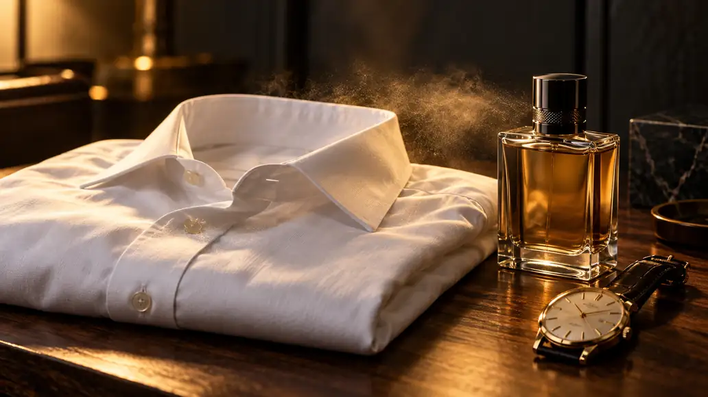 Camisa blanca doblada sobre una mesa de madera oscura junto a un frasco de perfume y un reloj, con una bruma dorada de fragancia sobre la tela
